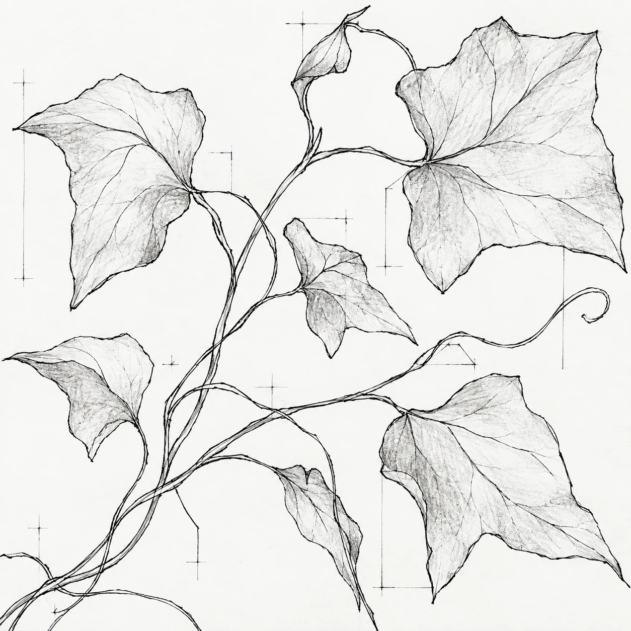 A trailing ivy stem in white, cream, stone; square artwork.