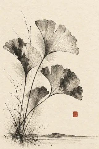A ginkgo leaf fan in cream, stone, olive; portrait artwork.
