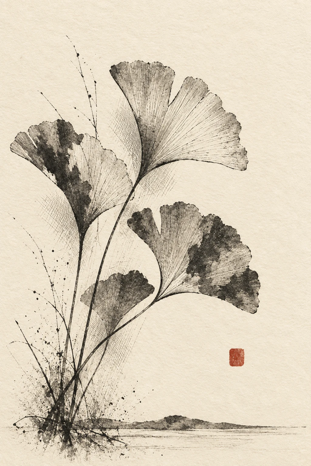 A ginkgo leaf fan in cream, stone, olive; portrait artwork.