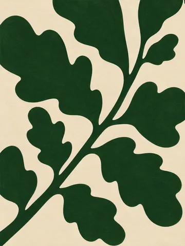 A single live oak branch with small leaves in forest green, cream, sage; portrait artwork.