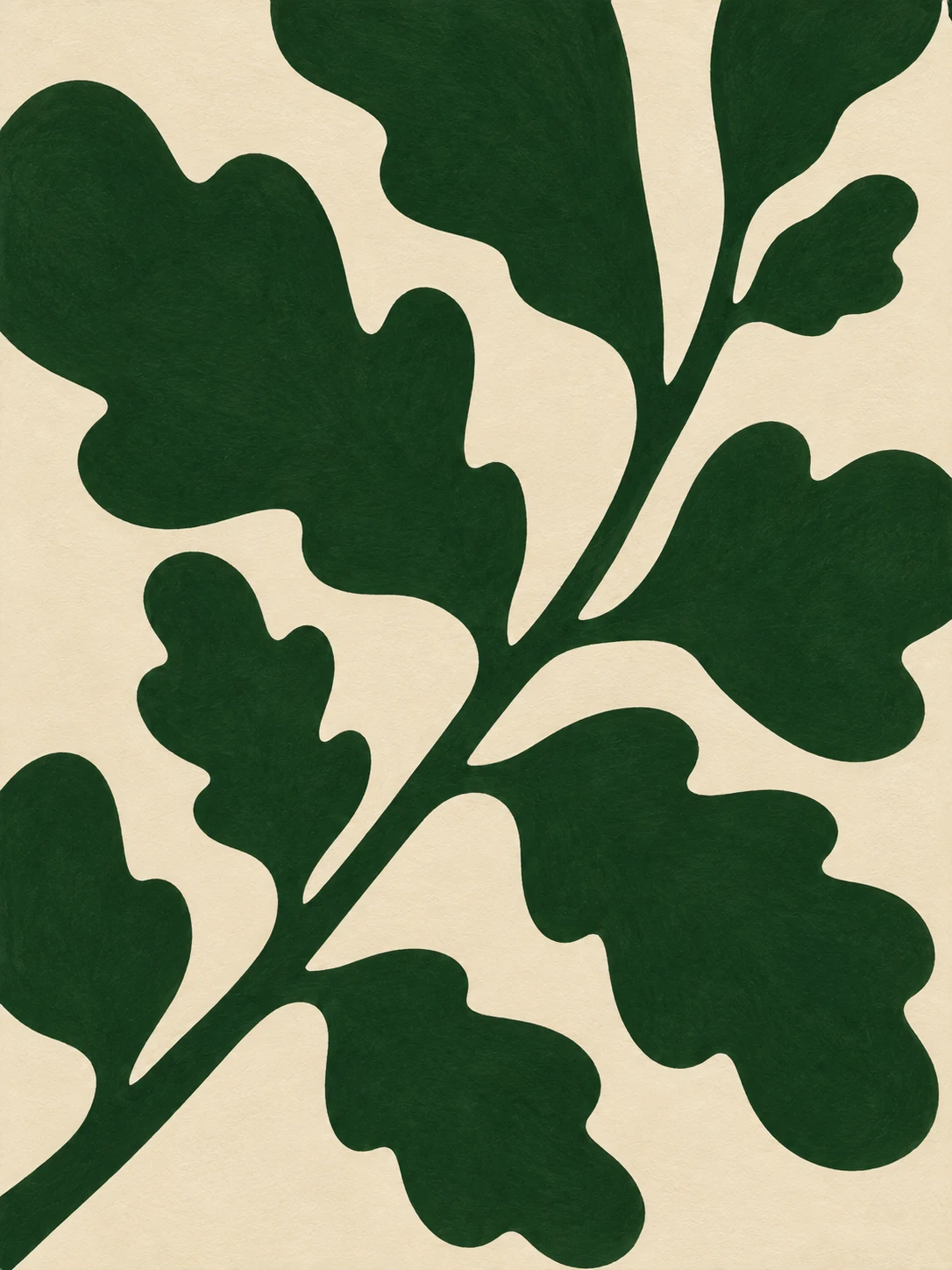 A single live oak branch with small leaves in forest green, cream, sage; portrait artwork.