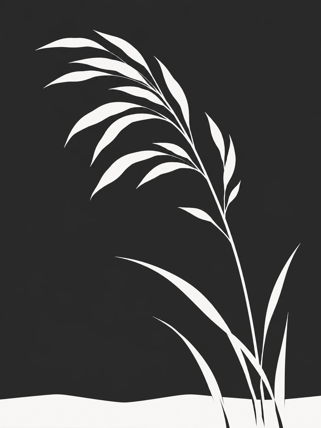 A wild grass plume in black, cream, charcoal; portrait artwork.