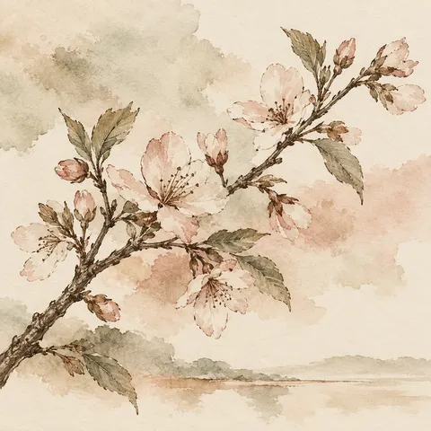 A branch of cherry blossom in cream, sand, stone, taupe; square artwork.