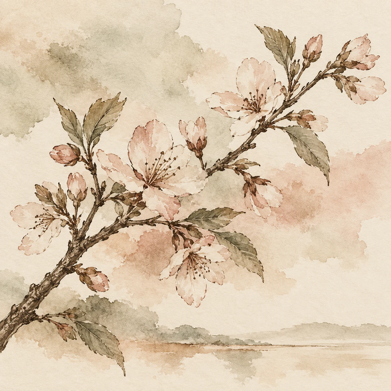A branch of cherry blossom in cream, sand, stone, taupe; square artwork.