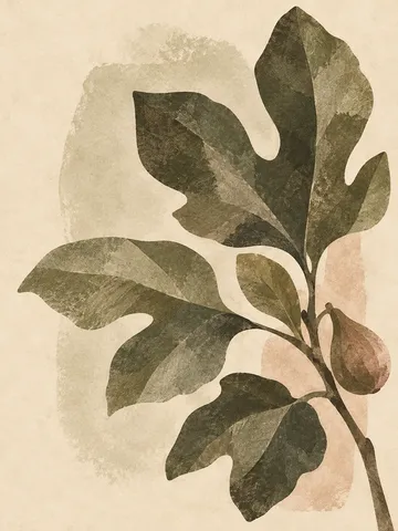 A fig leaf in cream, taupe, brown, olive; portrait artwork.