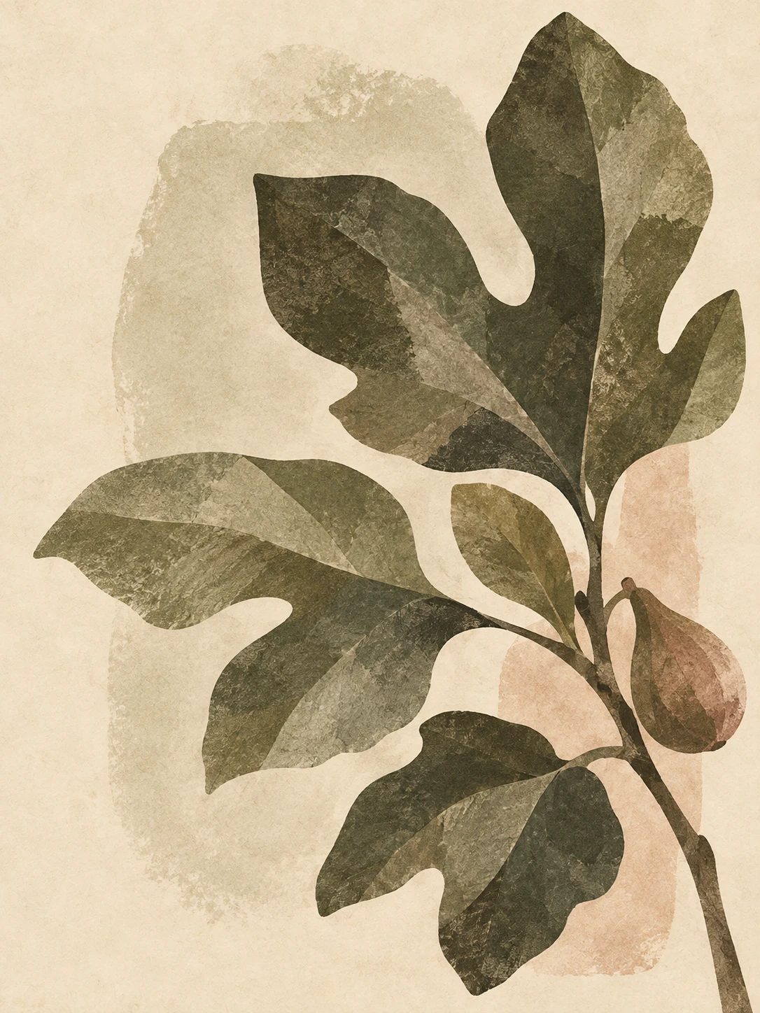 A fig leaf in cream, taupe, brown, olive; portrait artwork.