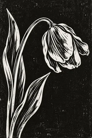 A single tulip bending in black, charcoal, stone; portrait artwork.
