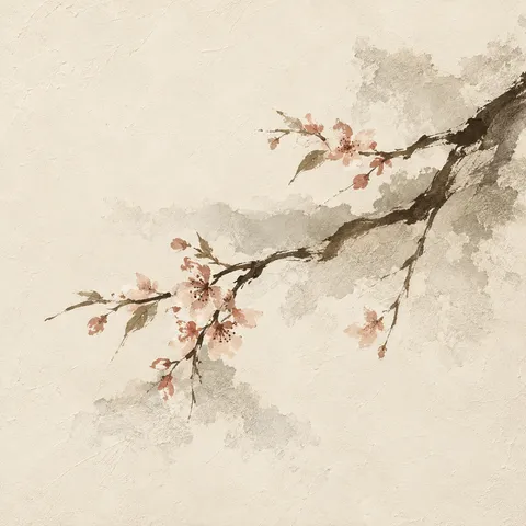 A branch of cherry blossom in cream, gray; square artwork.