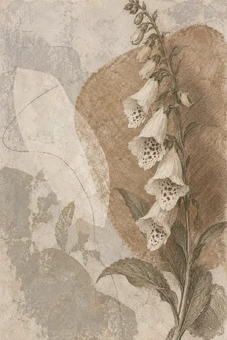 A stem of foxglove in stone, sand, sage, cream; portrait artwork.