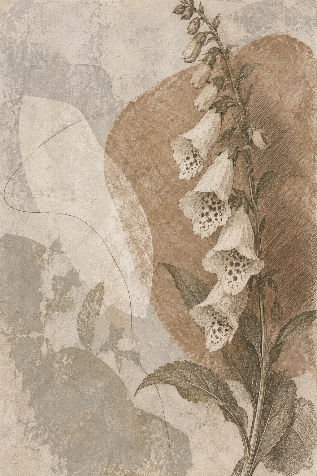 A stem of foxglove in stone, sand, sage, cream; portrait artwork.