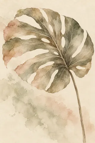 A monstera leaf silhouette in cream, sand, stone, taupe; portrait artwork.
