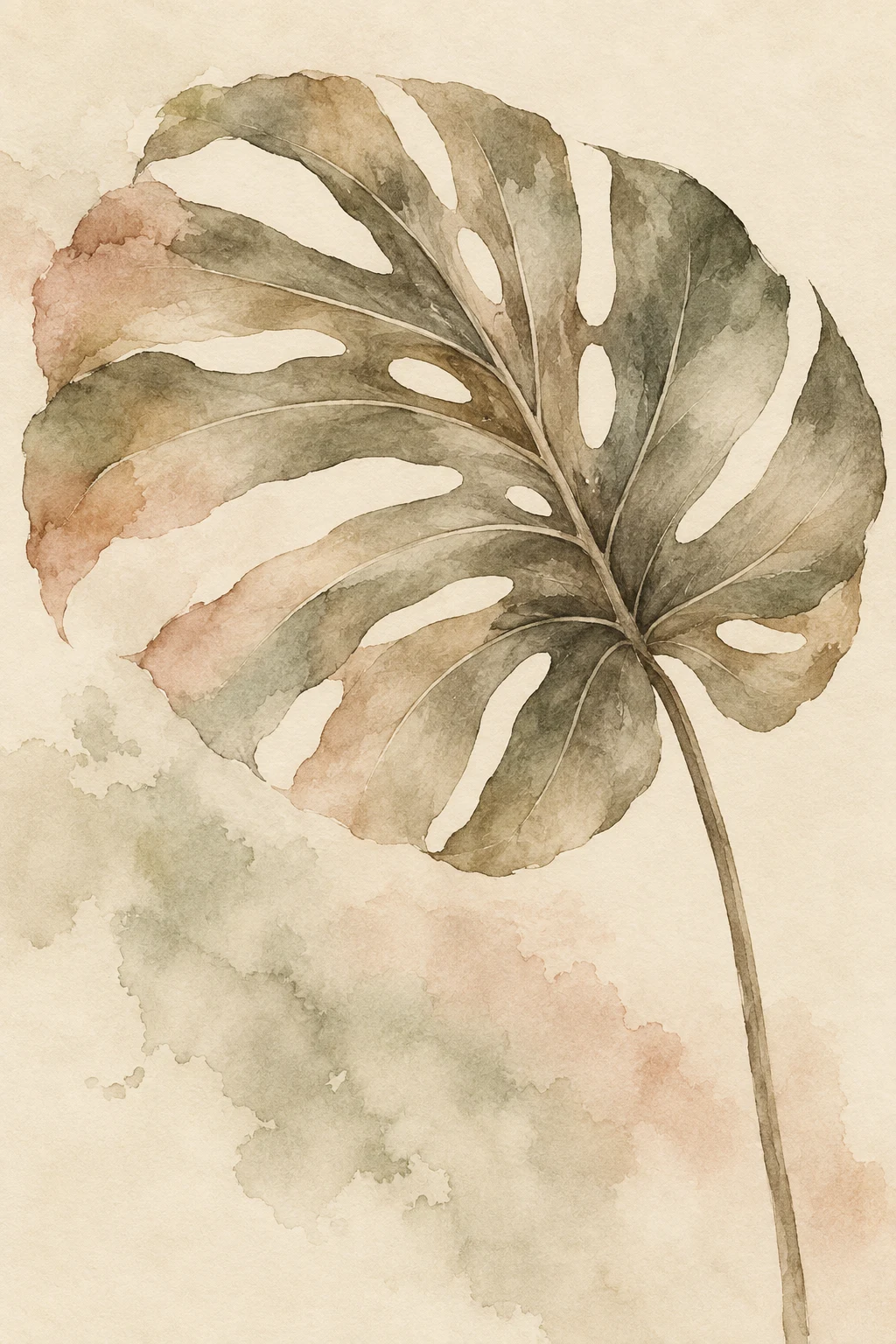 A monstera leaf silhouette in cream, sand, stone, taupe; portrait artwork.