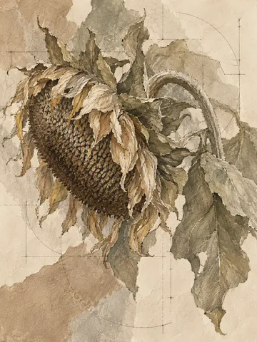 A sunflower head gone to seed in sand, cream, taupe, brown; portrait artwork.