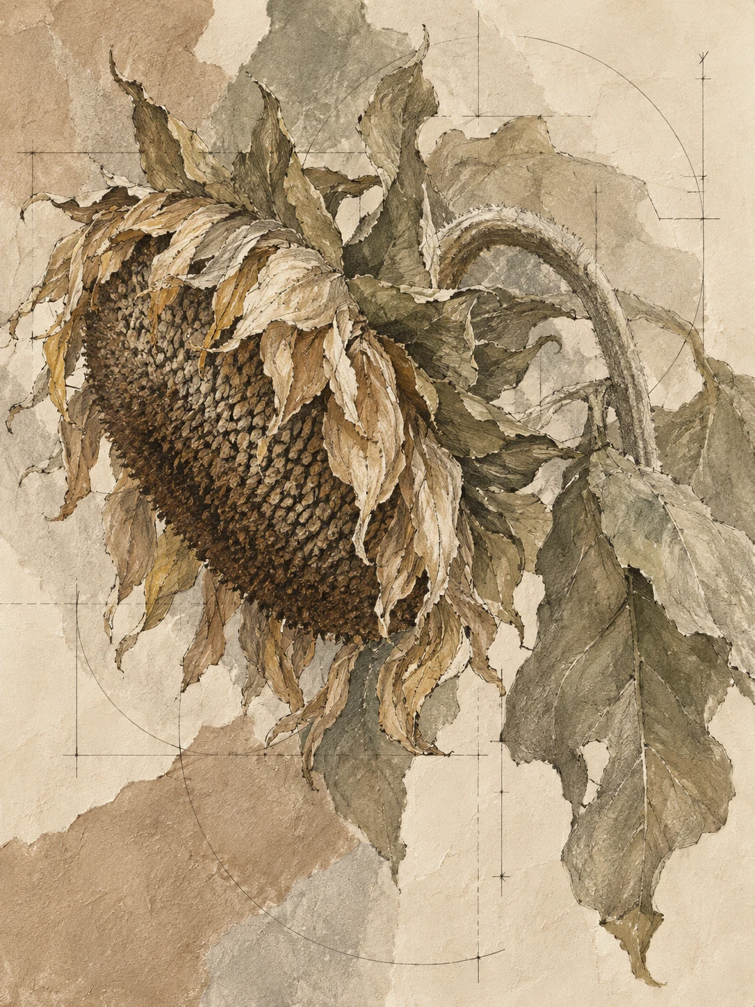 A sunflower head gone to seed in sand, cream, taupe, brown; portrait artwork.