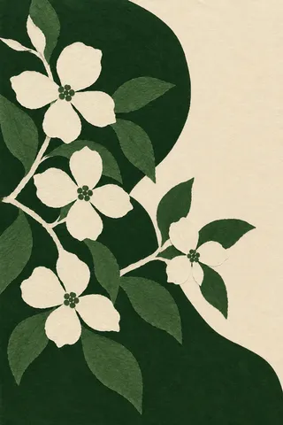 A branch of dogwood in flower in cream, black, charcoal, forest green; portrait artwork.