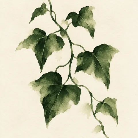 A trailing ivy stem in white, forest green, taupe, cream; square artwork.