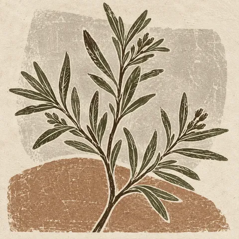 A sprig of rosemary in cream, stone, taupe, sage; square artwork.
