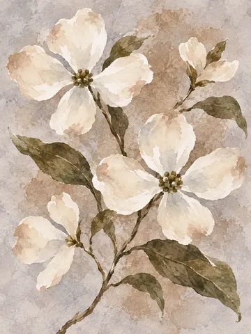 A branch of dogwood in flower in stone, cream, sand, olive; portrait artwork.