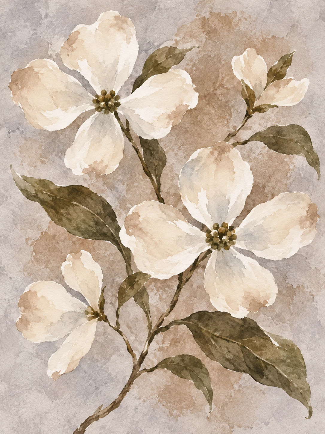 A branch of dogwood in flower in stone, cream, sand, olive; portrait artwork.
