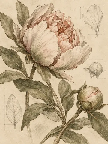 A peony bud half open in cream, taupe, sage, stone; portrait artwork.