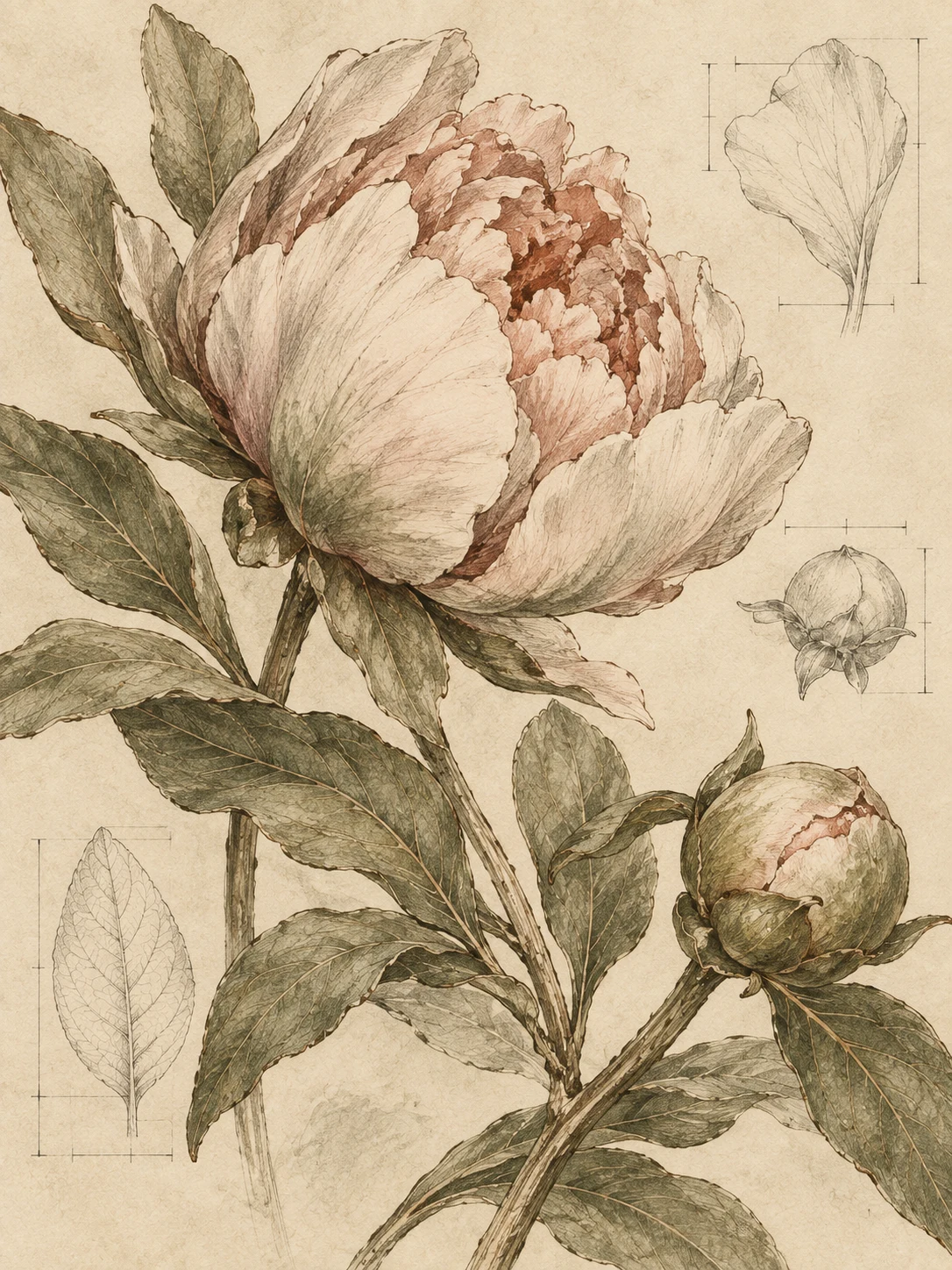 A peony bud half open in cream, taupe, sage, stone; portrait artwork.