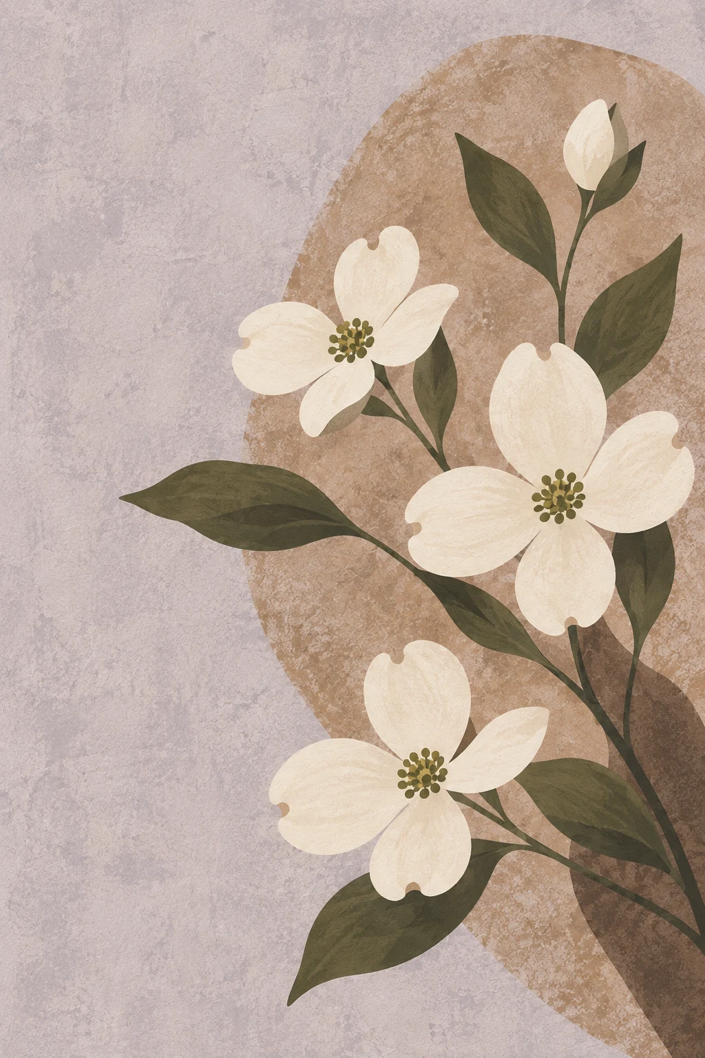 A branch of dogwood in flower in stone, sand, brown, cream; portrait artwork.