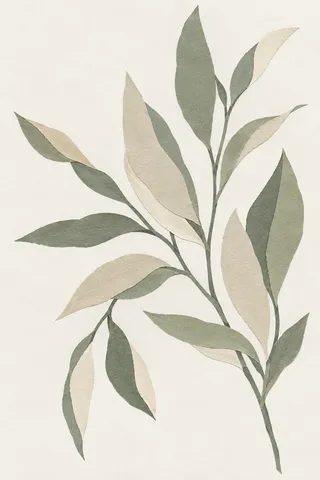 A eucalyptus sprig in white, cream, gray; portrait artwork.