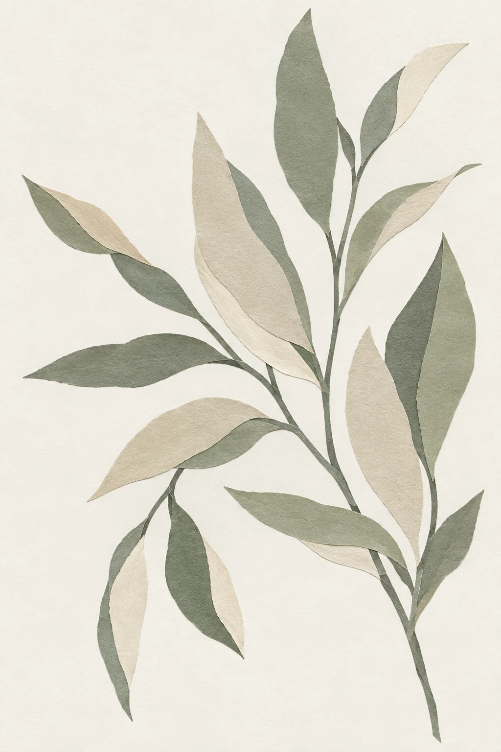 A eucalyptus sprig in white, cream, gray; portrait artwork.