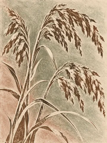 Three stems of sea oats with heavy seed heads in stone, sand, sage, cream; portrait artwork.