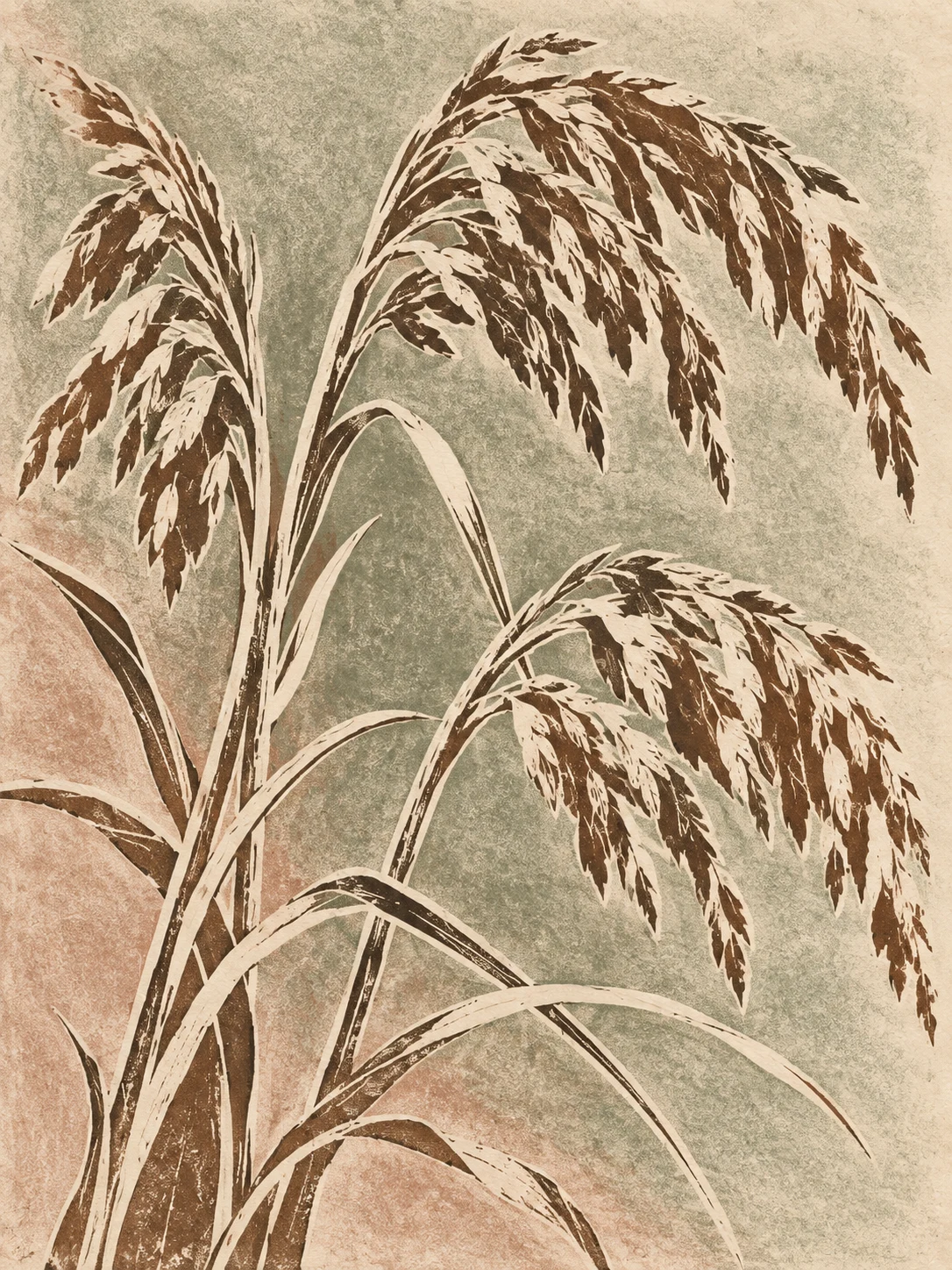 Three stems of sea oats with heavy seed heads in stone, sand, sage, cream; portrait artwork.