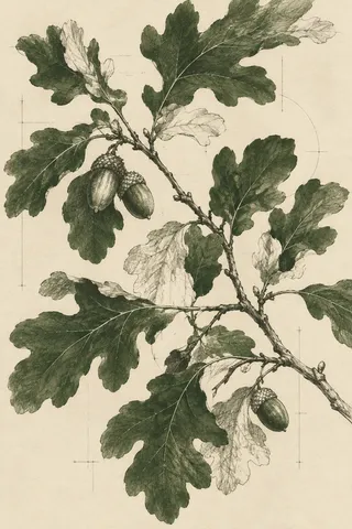 A branch of oak leaves with acorns in cream, olive, charcoal, sand; portrait artwork.