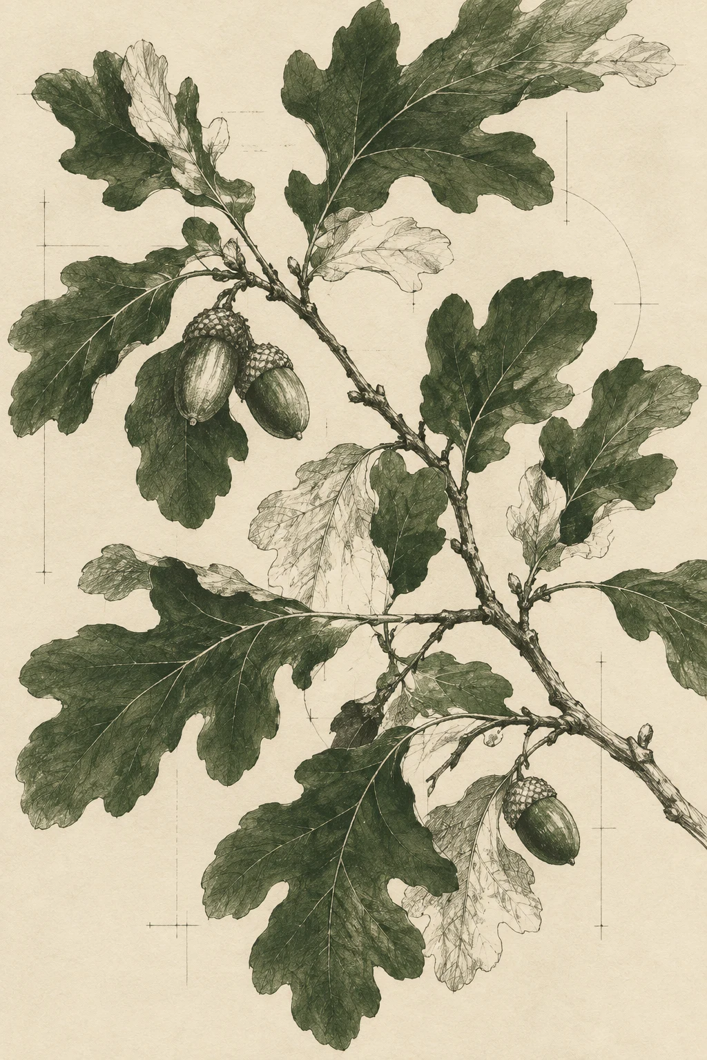 A branch of oak leaves with acorns in cream, olive, charcoal, sand; portrait artwork.