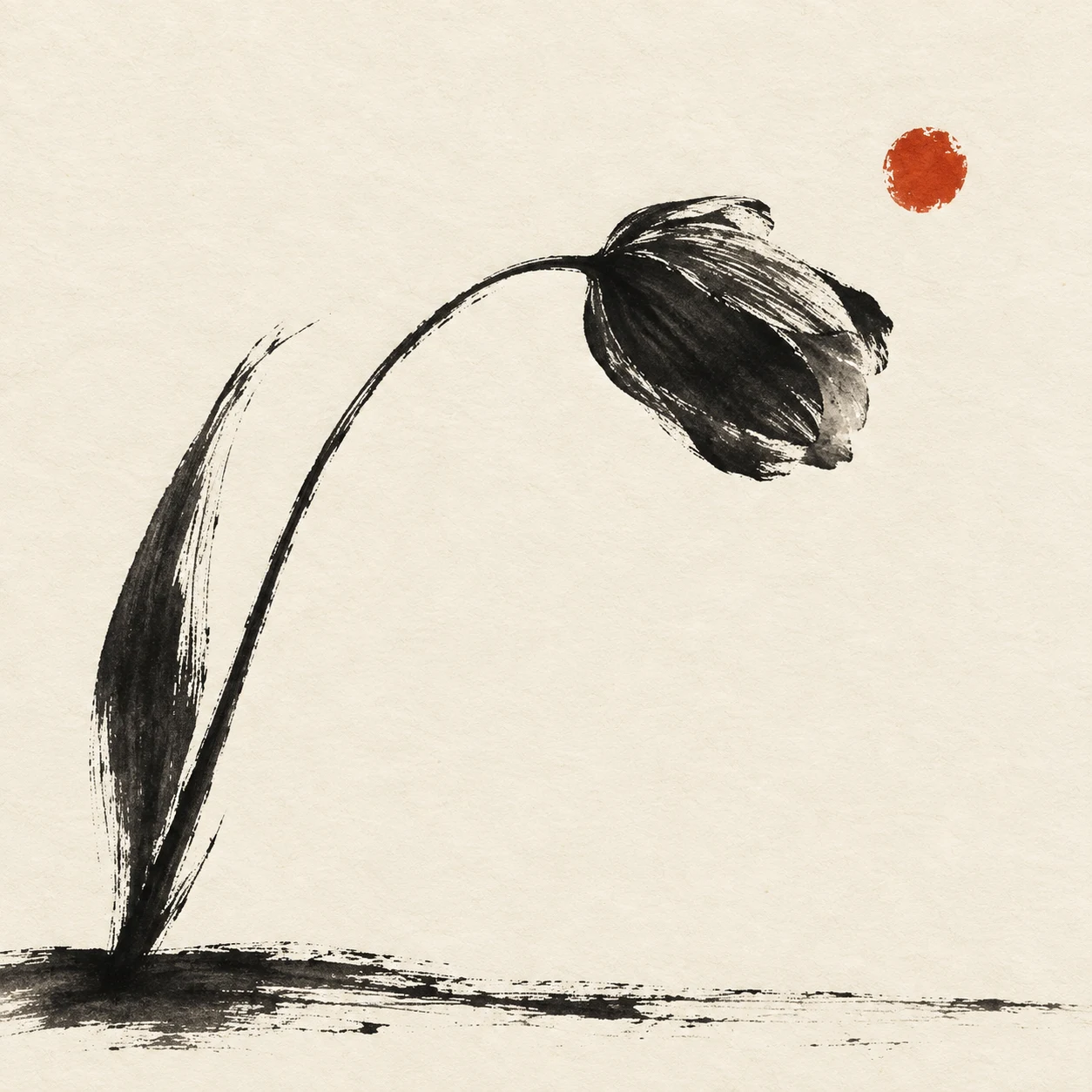 A single tulip bending in white, cream, taupe; square artwork.