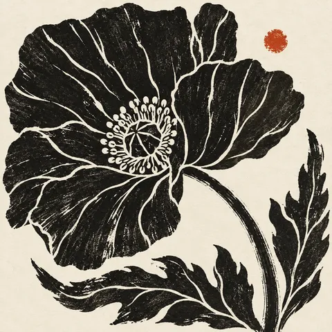 A poppy with a curved stem in black, cream, taupe, charcoal; square artwork.