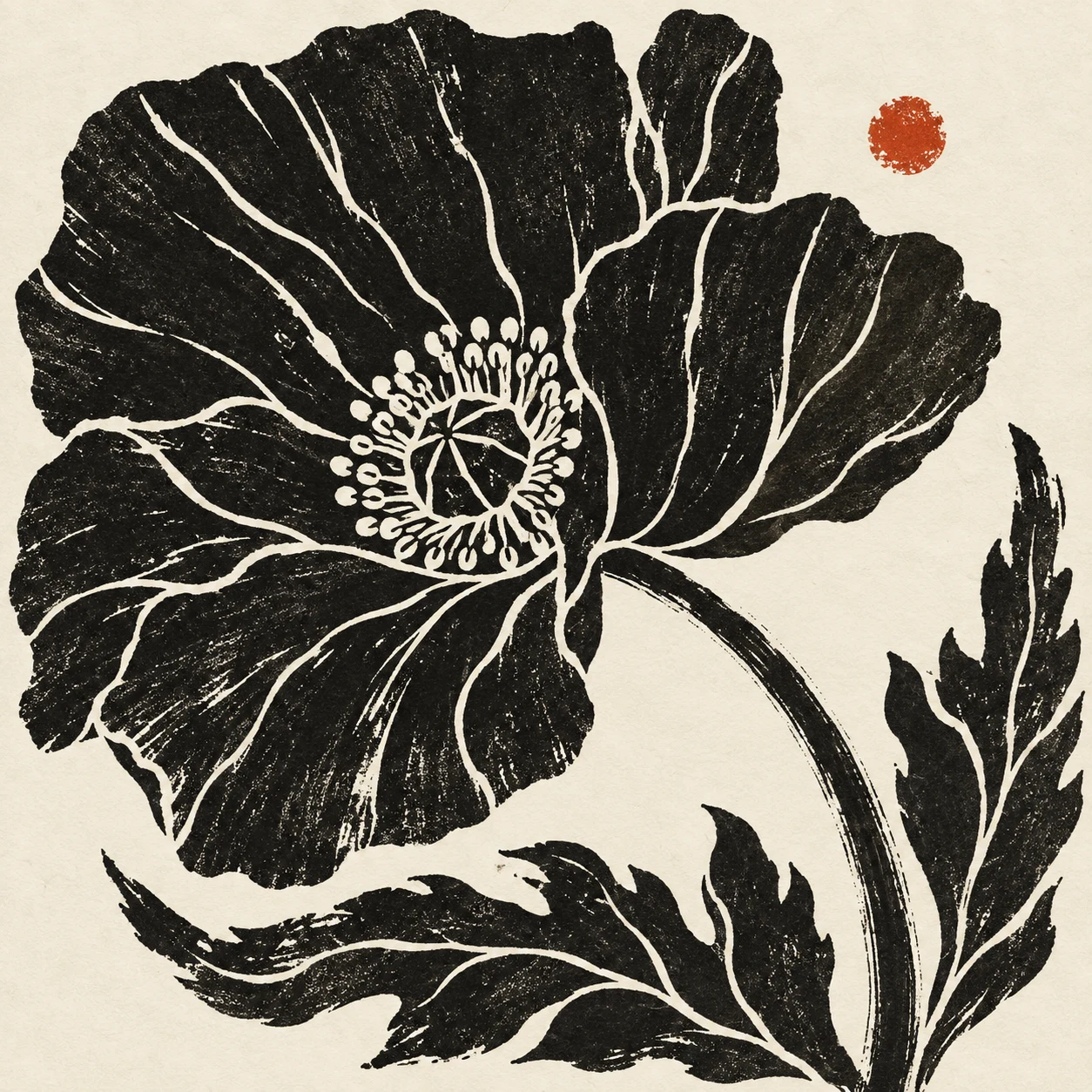 A poppy with a curved stem in black, cream, taupe, charcoal; square artwork.