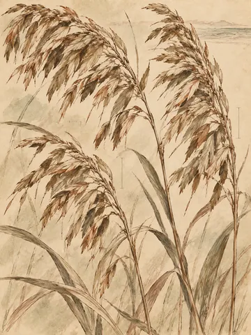 Three stems of sea oats with heavy seed heads in cream, stone, sand, ochre; portrait artwork.