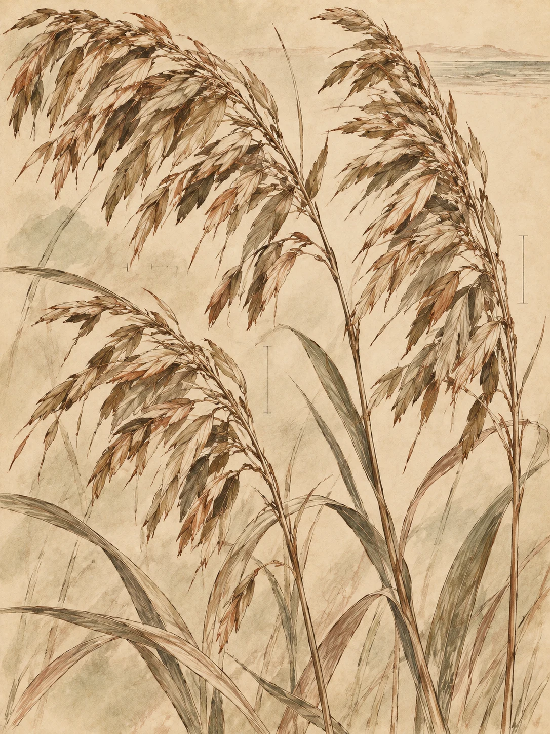 Three stems of sea oats with heavy seed heads in cream, stone, sand, ochre; portrait artwork.