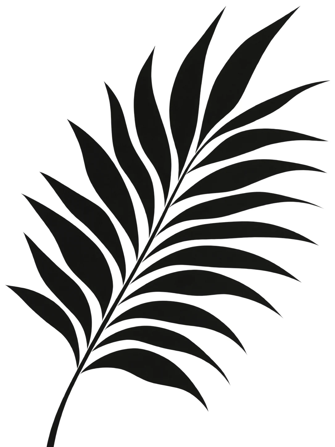 A palm frond in white, black, gray, cream; portrait artwork.