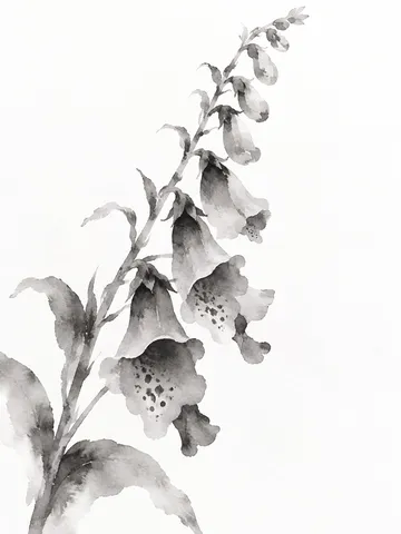 A stem of foxglove in white, stone, gray; portrait artwork.