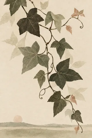 A trailing ivy stem in cream, stone, brown, sage; portrait artwork.