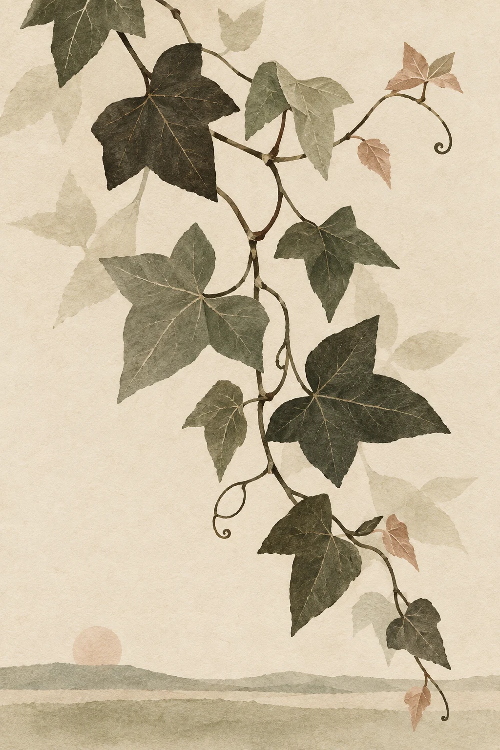 A trailing ivy stem in cream, stone, brown, sage; portrait artwork.