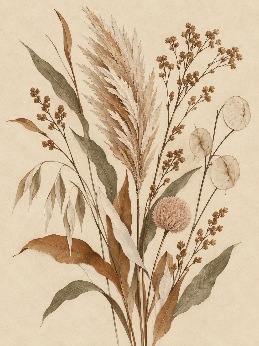 A wild grass plume in cream, sand, stone, taupe; portrait artwork.