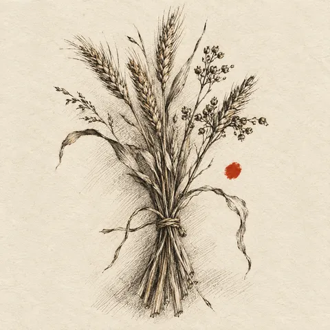 A bundle of dried wheat in cream, olive, sand; square artwork.