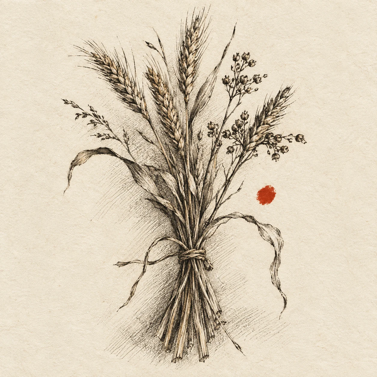 A bundle of dried wheat in cream, olive, sand; square artwork.