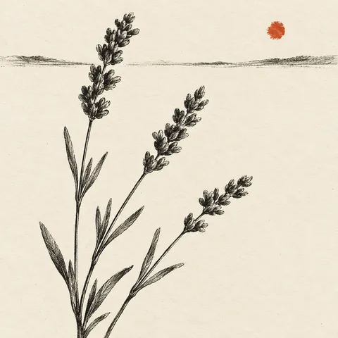 Three stems of lavender in white, cream, sand; square artwork.