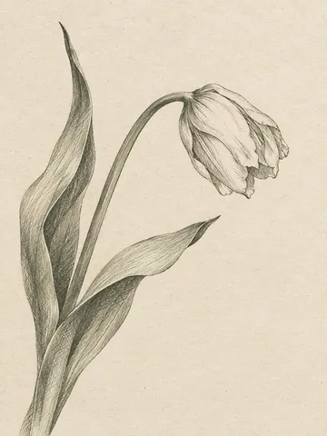 A single tulip bending in cream, stone, taupe; portrait artwork.