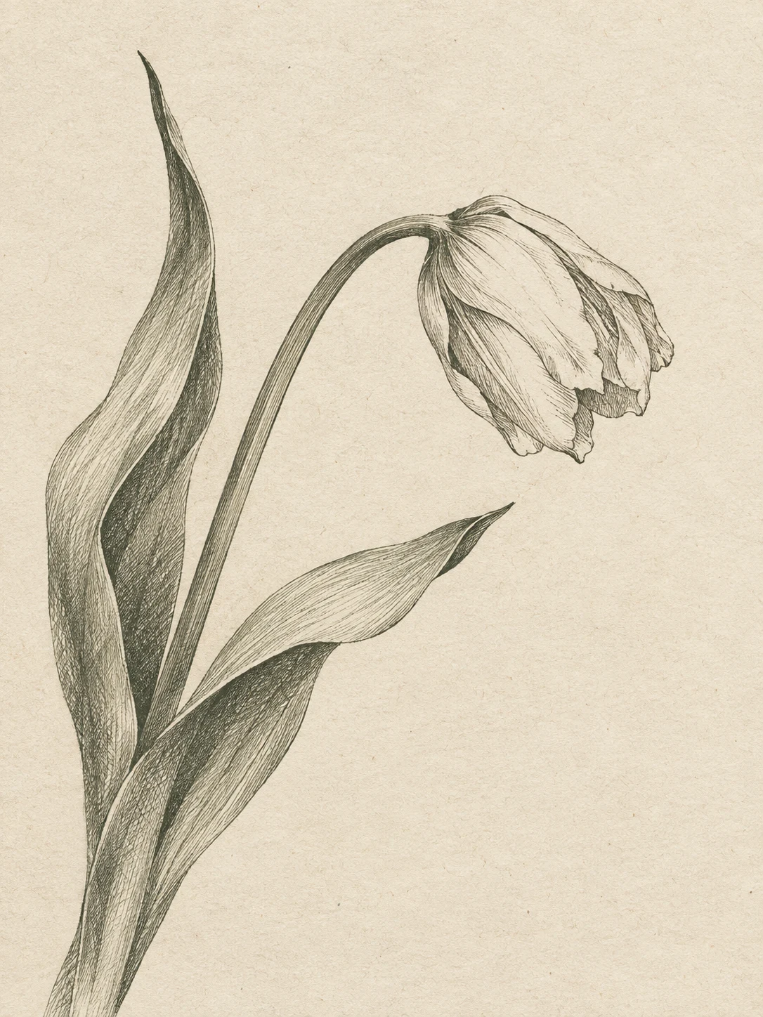 A single tulip bending in cream, stone, taupe; portrait artwork.