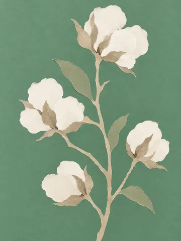 A stem of cotton with open bolls in sage, olive, cream, sand; portrait artwork.