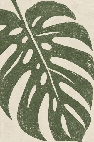 A monstera leaf silhouette in olive, cream, sage; portrait artwork.