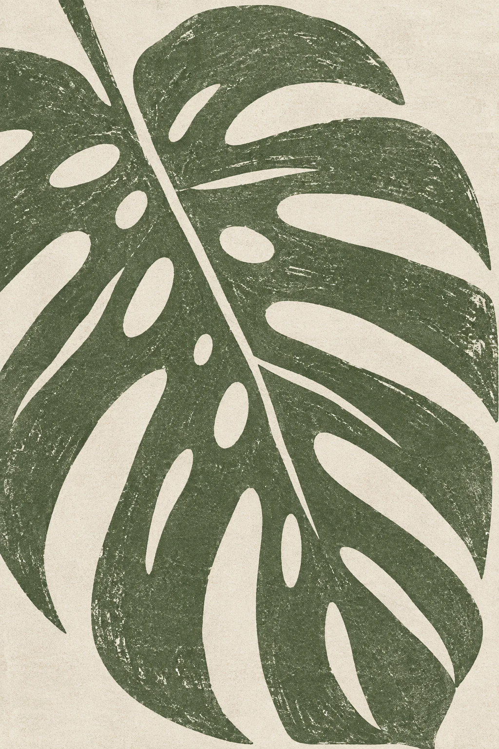 A monstera leaf silhouette in olive, cream, sage; portrait artwork.